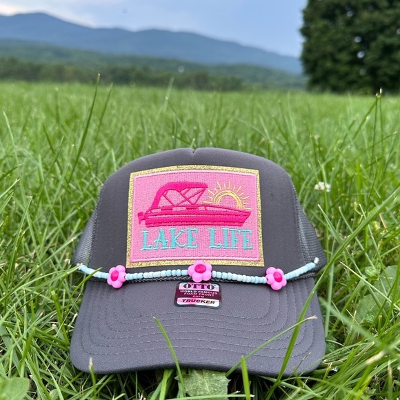 NEW “lake Life” SnapBack / trucker hat- Gray, Pinkand turquoise patch hat